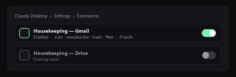 Claude Desktop Extensions panel with Housekeeping — Gmail enabled.